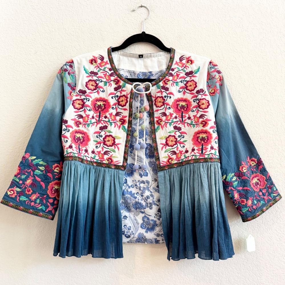 Boho Embroidered Floral Peasant Jacket Sz M Pom Pom Folk Artisan Cottagecore